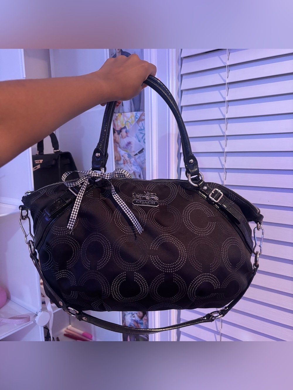 Coach Black Signature Dot Satchel with Bow Accent